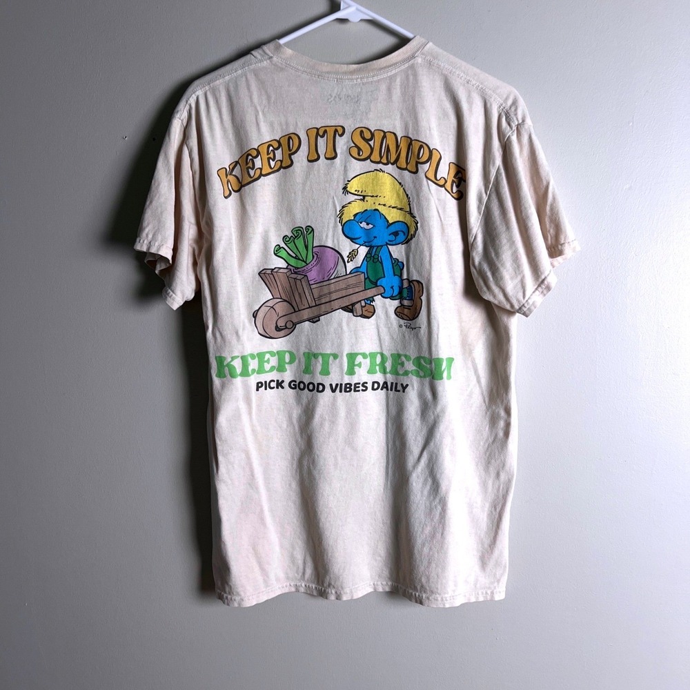 The Smurfs Graphic T-Shirt Mens Medium Sunflowers Keep It Fresh Beige Cartoon
